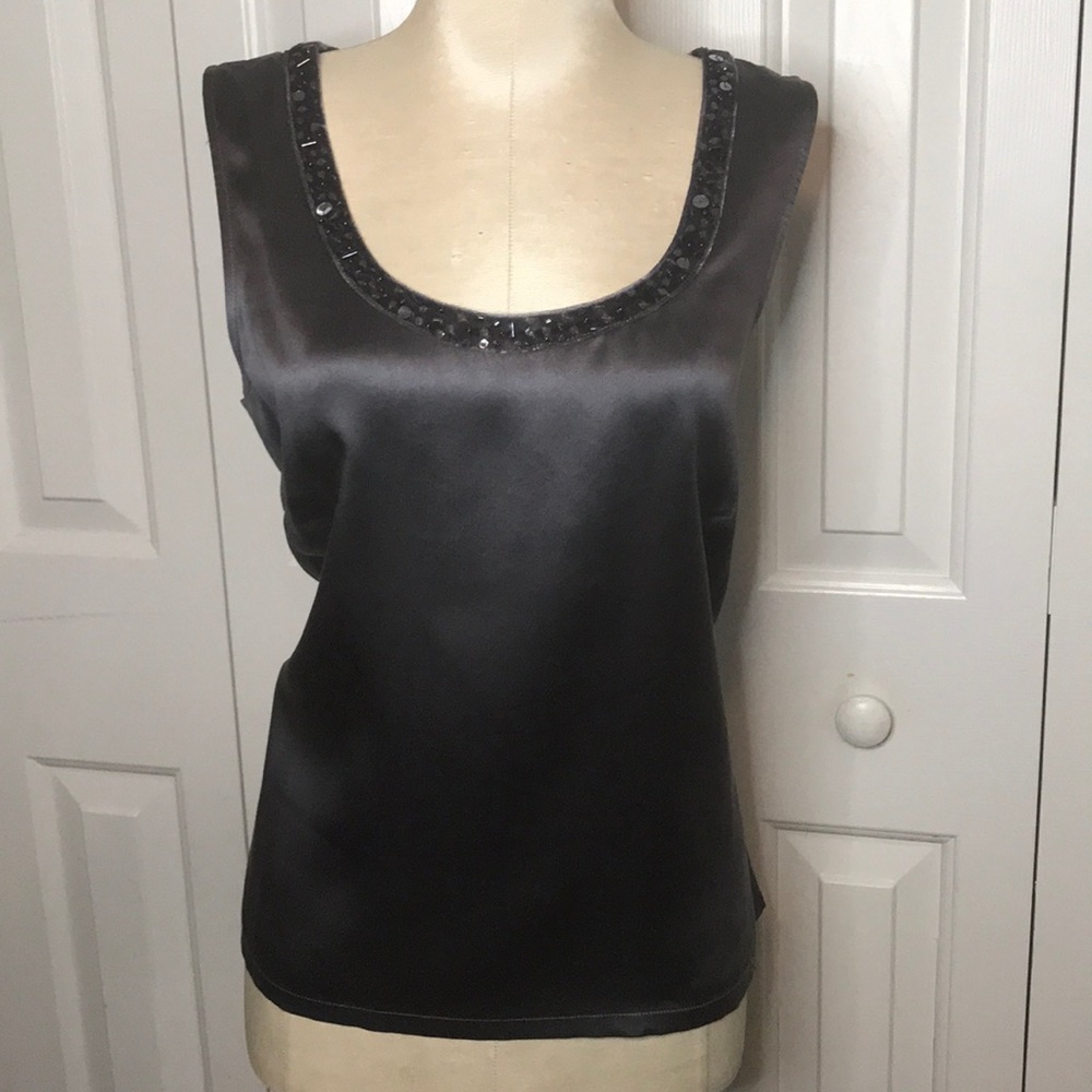 💯 silk bloomindale’s gray and beaded blouse.